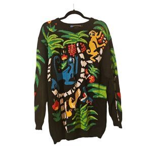 IB DIFFUSION 90s Jungle Monkeys Tropical Embroidered Sweater - Size Large